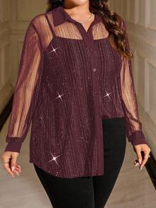 SHEIN Clasi Plus Size Glittery Sheer Fashion Long Sleeve Shirt - Burgundy - View 3