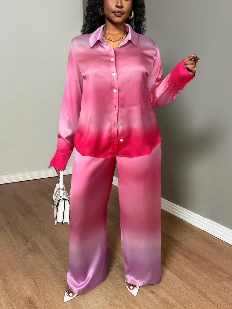 Truni 大码女式扎染印花宽松长袖衬衫长裤套装，带口袋和纽扣细节，适合梨形和三角形身材 - 彩色 - 查看 1