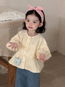 DAZY Blusa casual de cuello redondo de unicolor con volantes en el bajo para niñas pequeñas, primavera/otoño - Albaricoque - Ver 6