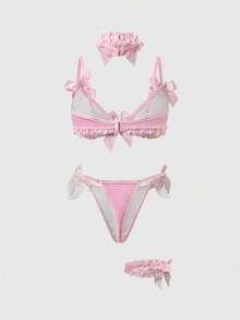 ROMWE Kawaii Cute Bunny Lace Bralette, Thong, Choker & Leg Garter Sexy Lingerie Set, For Valentine's Day