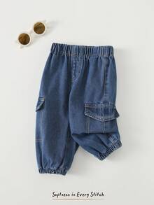 Cozy Pixies Baby Boy Decorative Pocket Elastic Waist Cuffed Jeans, Versatile & Comfortable