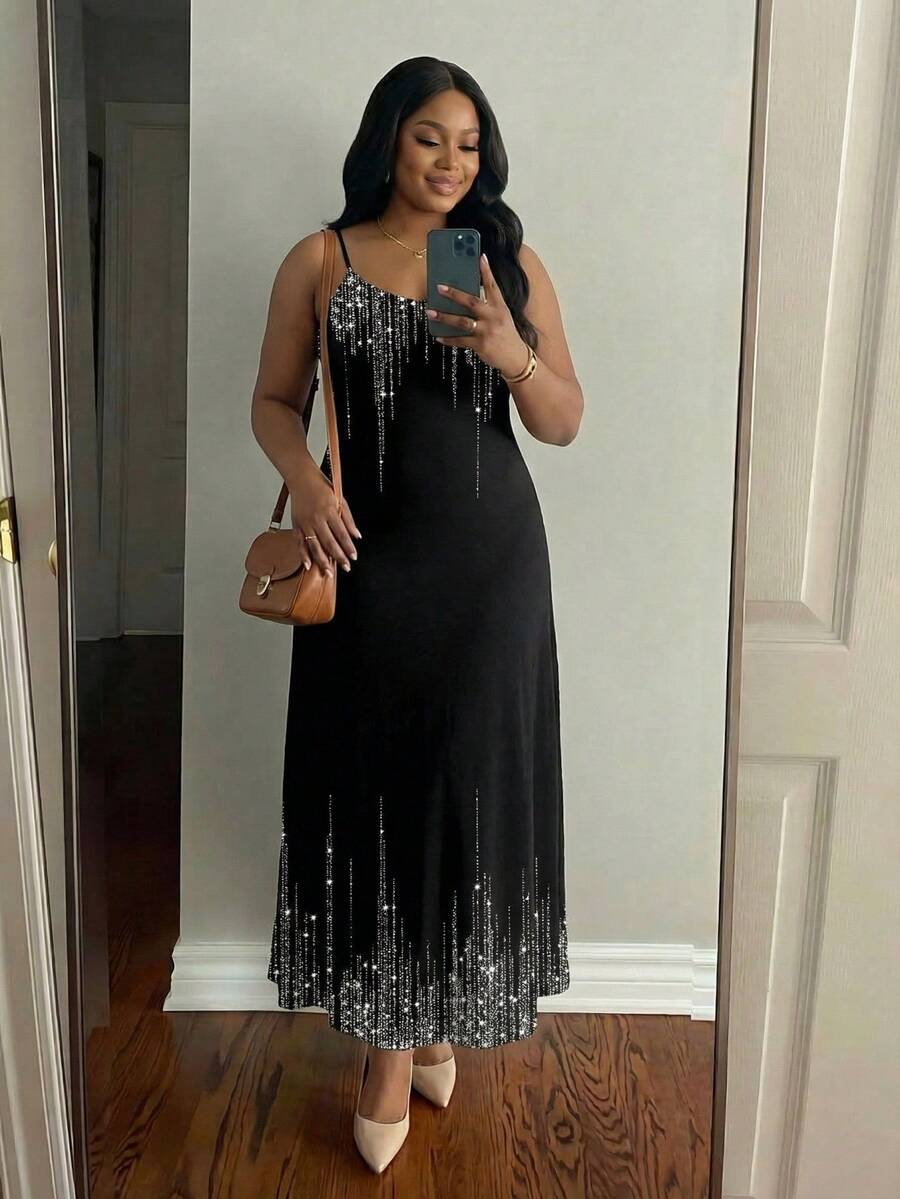 SHEIN Lady 大码全身印花休闲百搭吊带背心连衣裙