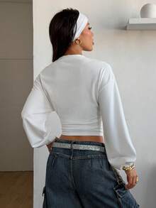 Coolane 女士秋冬返校必备纯色褶皱不对称领长袖套头卫衣灯笼袖上衣 - 白色 - 查看 2