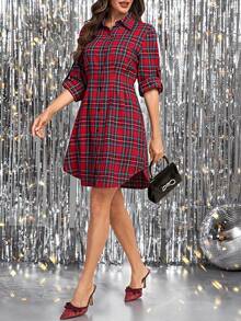 Ellevyn 女式优雅格子印花前开长袖休闲/节日/圣诞迷你连衣裙 - 彩色 - 查看 6