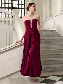 SHEIN Elenzya Váy suông cổ chữ V nhún bèo lãng mạn thanh lịch, eo ôm vừa vặn, đính ngọc trai tinh tế, thích hợp cho ngày lễ tình nhân, buổi hòa nhạc - Màu Đỏ Sâu - Xem 5