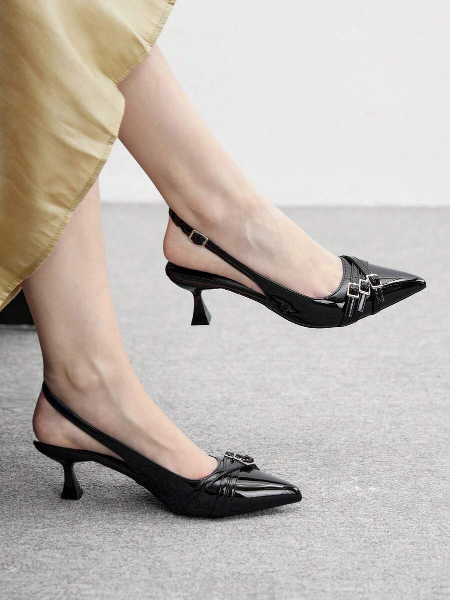 CUCCOO BIZCHIC 女士尖头细高跟黑色后跟多带时尚通勤百搭女士高跟穆勒鞋 - 黑色 - 查看 1