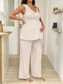 SHEIN 2 Stücke Umstandsmode gestreiftes lässiges ärmelloses Top und Hosen Set