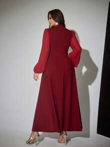 Viva Relle Elegantes, romantisches, delikates, luxuriöses Chiffonkleid in Große Größen mit Stehkragen, Schleife, Puffärmeln, taillierter Taille und Diamantenverzierung in A-Linie, geeignet für Partys, Neujahr, Feiertage, Hochzeitsgäste - Bordeaux - Übersicht 2