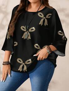 EMERY ROSE 大码女式仿亮片蝴蝶结印花休闲宽松圆领七分袖上衣，适合新年派对 - 彩色 - 查看 7