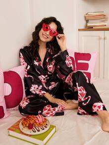Chillnights 时尚别致的情人节爱心豹纹印花休闲宽松女式睡衣套装 - 彩色 - 查看 6