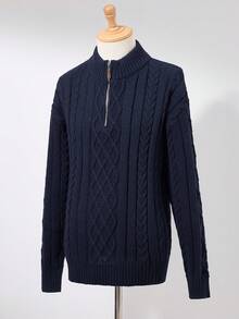 Manfinity Homme Men's Casual Solid Color Cable Knit Drop Shoulder Sweater, Autumn/Winter - Navy Blue - View 1