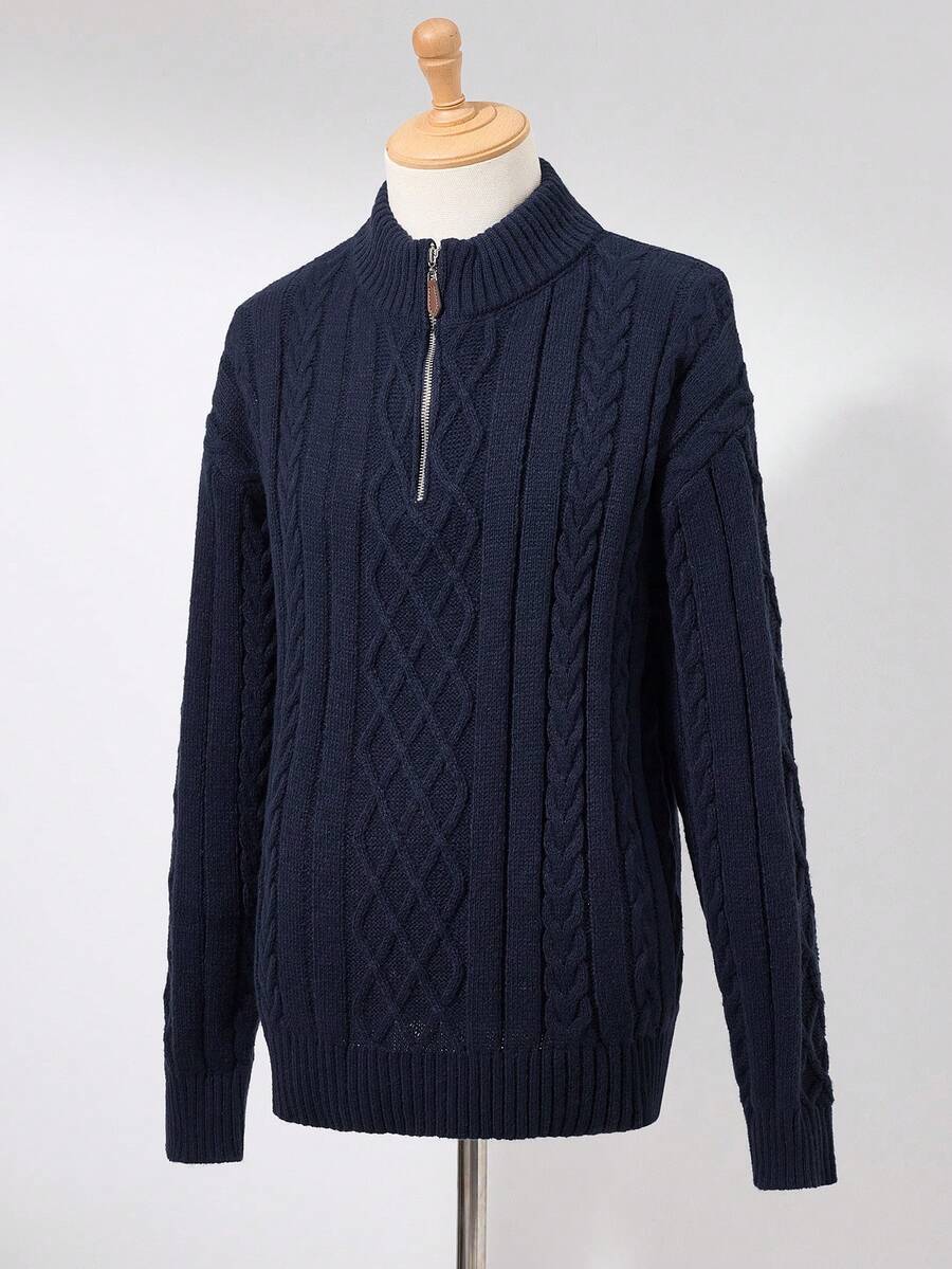 Manfinity Homme Men's Casual Solid Color Cable Knit Drop Shoulder Sweater, Autumn/Winter - Navy Blue - View 1