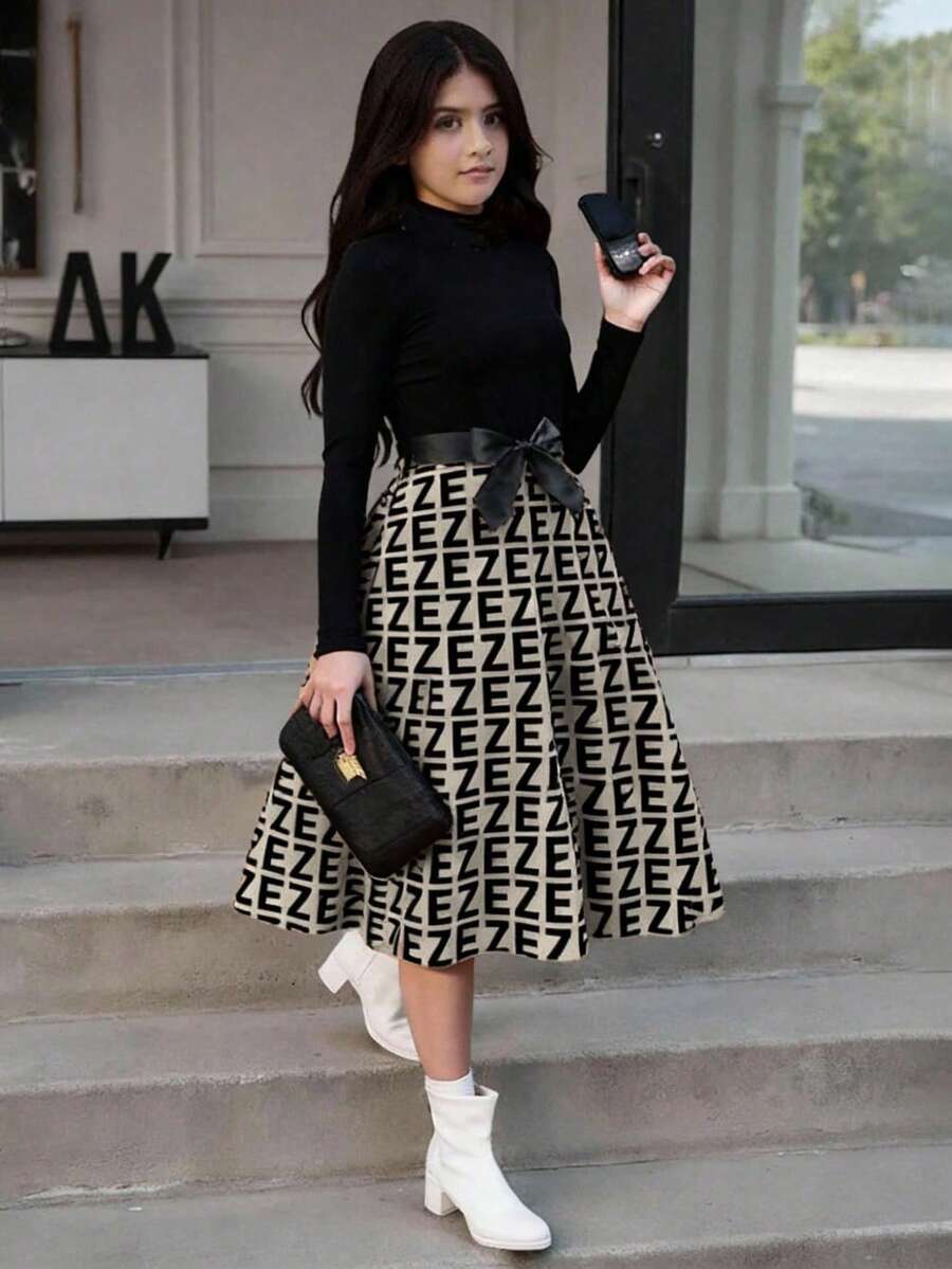SHEIN Tween Girl Casual Minimalist Comfortable Round Neck Long Sleeve Solid Color Patchwork Geometric Pattern Dress - Multicolor - View 1