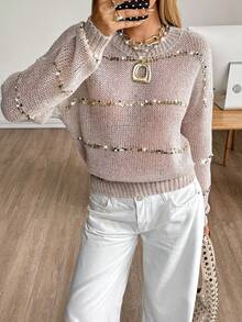 Siren Gaze Women's Loose Fit Crew Neck Long Sleeve Sequin Embellished Casual Sweater In Fall/Winter,Cozy Fall And Winter Clothes For Women Spring - Champagne - View 8