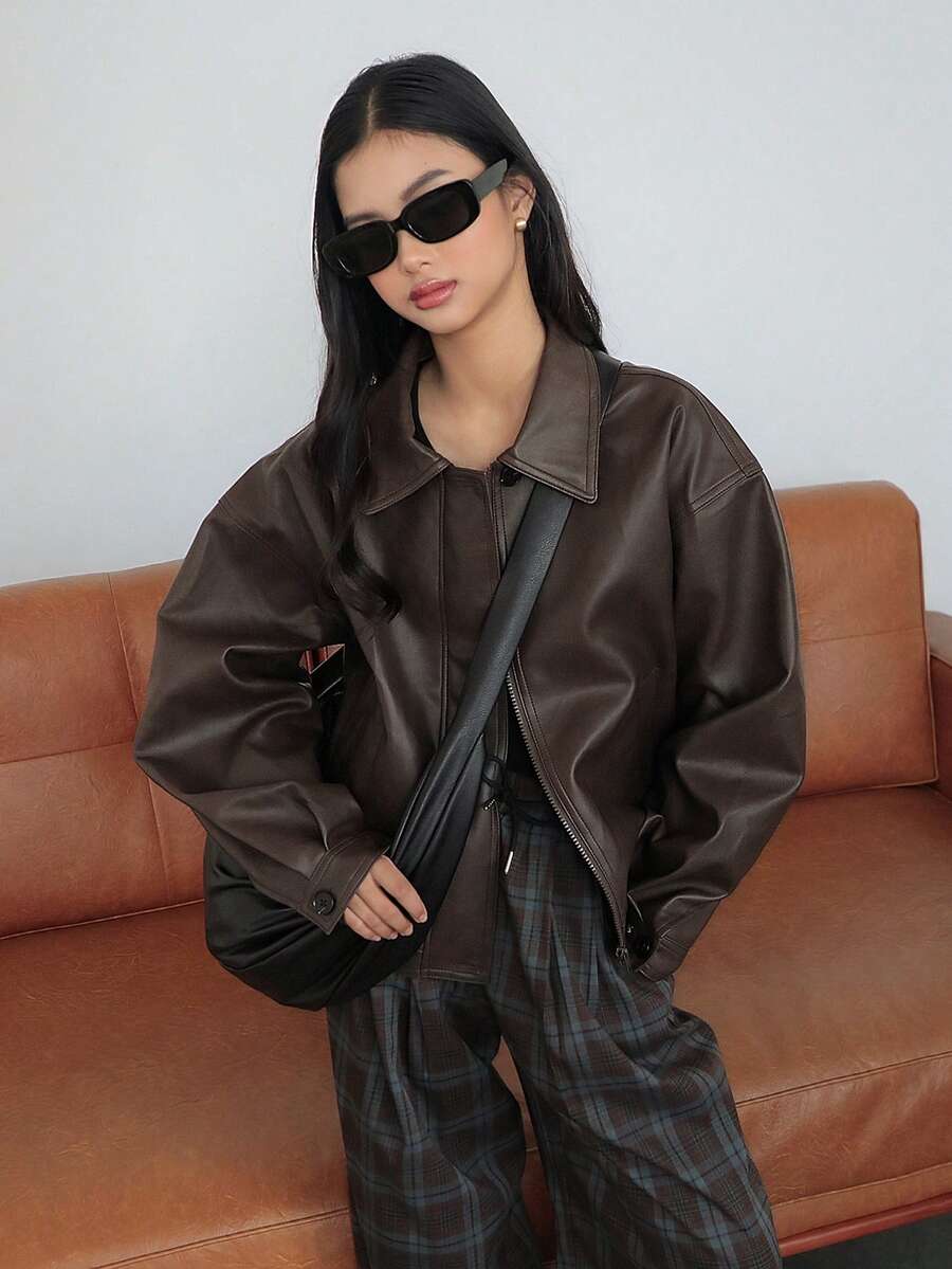 DAZY Teen Girl PU Leather Collar Zip Front Long Sleeve Jacket, Fashionable & Versatile - Brown - View 1