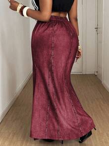 Maweii 大码秋冬牛仔印花优雅复古休闲可爱度假半身裙 - 酒紅色 - 查看 2