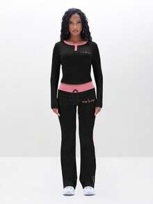 BABYPHAT Ribbed Henley Long Sleeve Top With Contrast Pink Trim And Button Front Detail For Casual Everyday Wear - Black - View 3