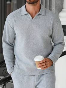 Manfinity Homme 男士Polo衫，成熟休闲风格拼接设计，时尚百搭，适合外出穿着；男士针织衫，灰色；男士衬衫，灰色针织衫；男士长袖Polo衫 - 灰色 - 查看 3