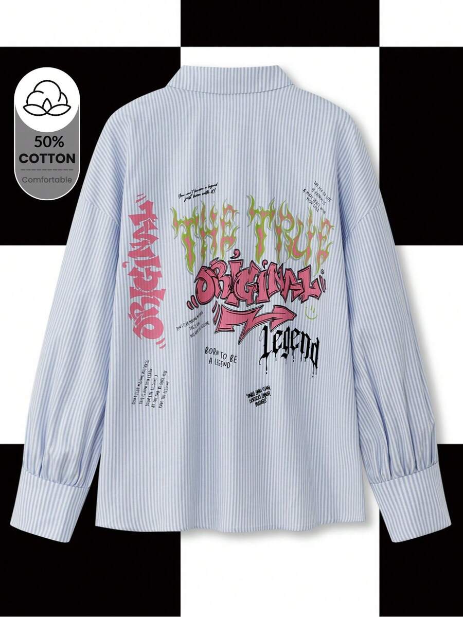 Shutterstock Y2Kool Women's Blue And White Striped Collared Oversized Grunge-Style Y2K Text And Flame Hand-Painted Print Casual Shirt Graphic Print Shirt Graffiti Print Shirt Long Sleeve Shirt Stylish Collection New Year Gyaru Cotton - Baby Blue - View 1