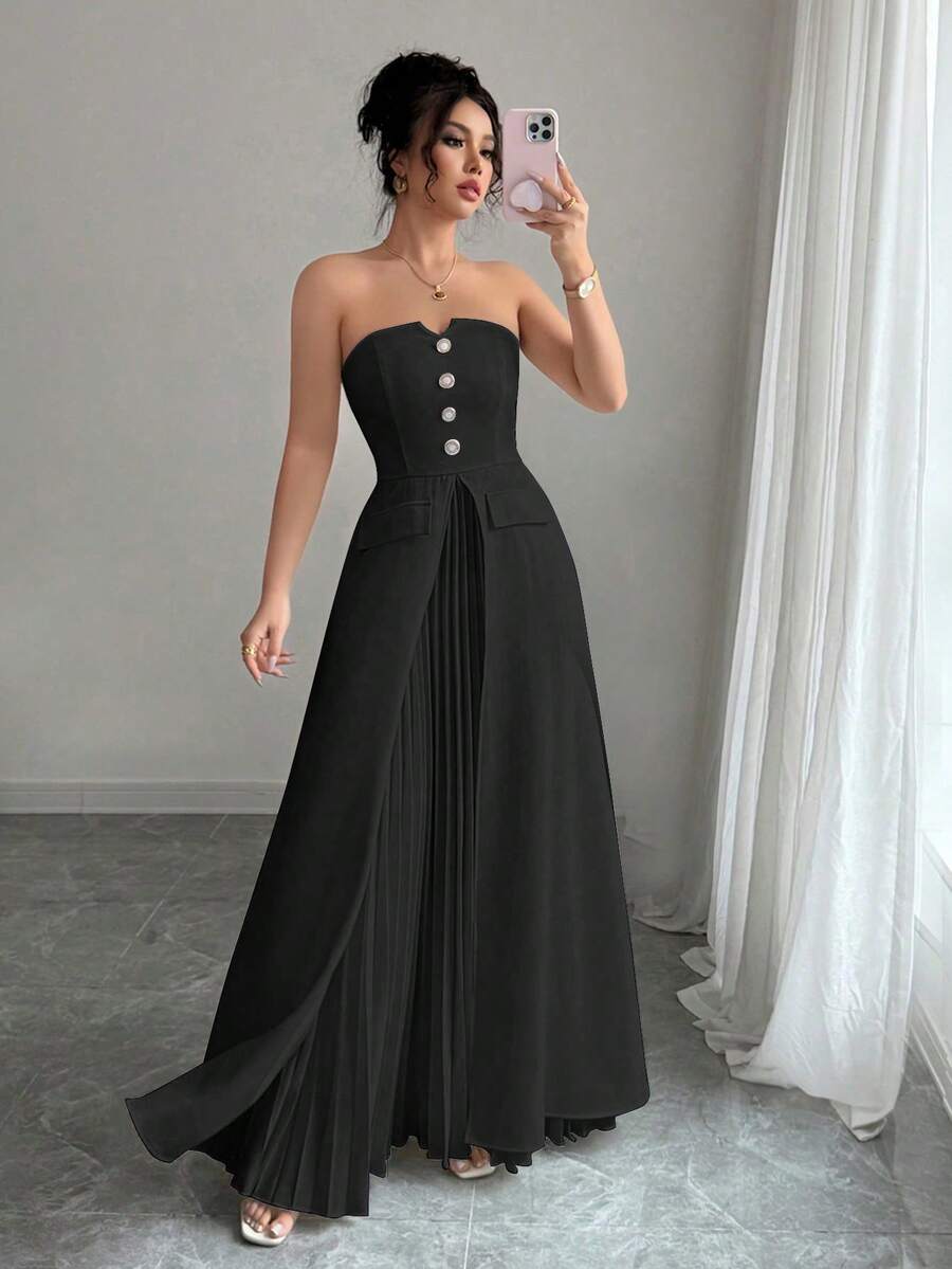 Elenzga Váy dài vừa phải thanh lịch tối giản có túi giả viền xếp ly trang trí kim loại cỡ tiêu chuẩn dành cho nữ - màu đen - Xem 1