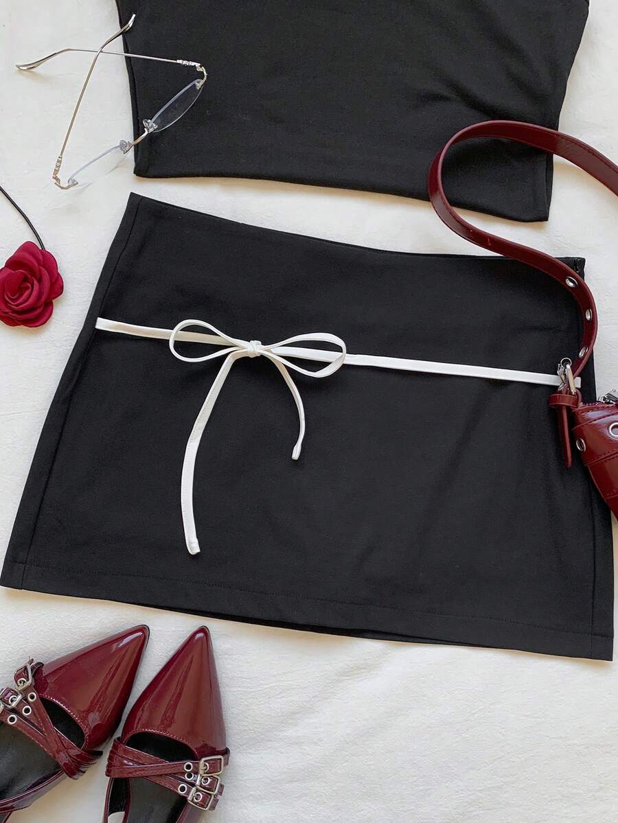 Comfortcana Women's Plus Size,Valentine Day,Black Tie Waist Skirt Drawstring Skirt Tie Skirt Skirt With Bow Mini Skirt Black Skirt Skirt For Women - Black - View 1