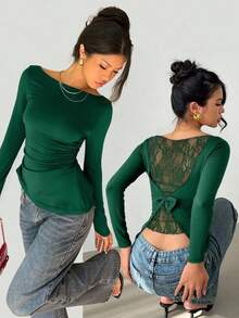 Siren Gaze Women's Lace Patchwork Backbow Slim Fit Long Sleeve Off Shoulder Black Blouse Elegant Spring - Green - View 9