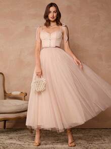 Enchnt Đầm Maxi Maxi Thanh Lịch Thiết Kế Nút Lưới Viền Trơn Màu Trơn Cho Nữ - Rượu sâm banh - Xem 1