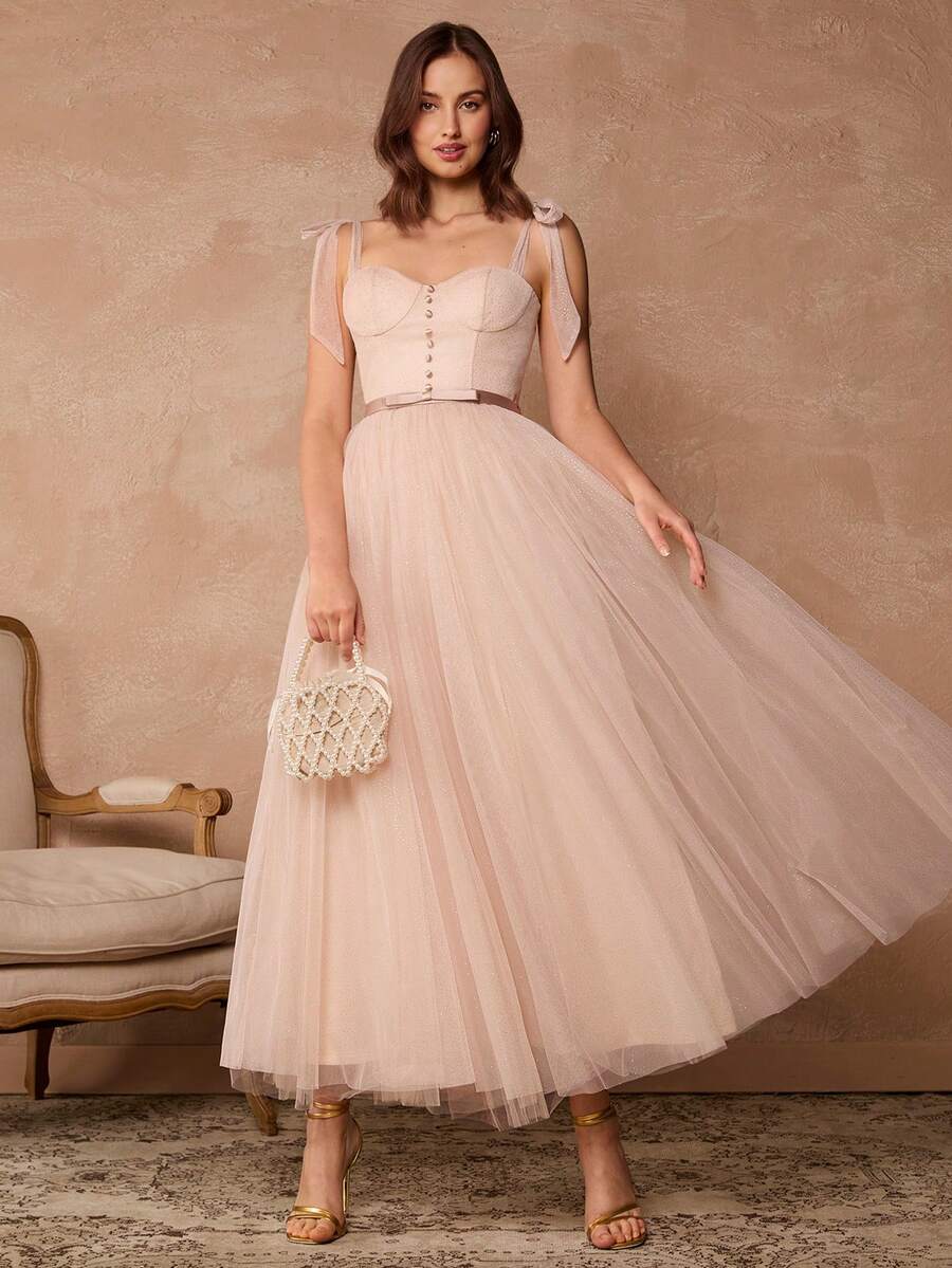 Enchnt Đầm Maxi Maxi Thanh Lịch Thiết Kế Nút Lưới Viền Trơn Màu Trơn Cho Nữ - Rượu sâm banh - Xem 1