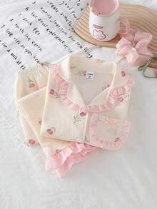 Girls Ditsy Floral Lapel Collar Long Sleeve Pants Pajama Set - Multicolor - View 3