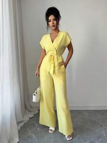 Elenzga 女士时尚休闲V领上衣和裤子两件套，春夏款 - 黃色 - 查看 7