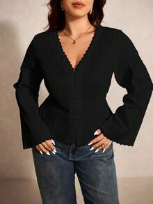 Elaquor Áo sơ mi tay chuông màu trơn đa năng cỡ lớn - màu đen - Xem 7