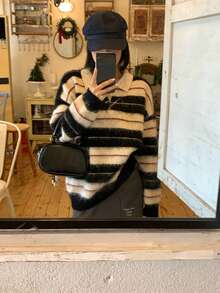 DAZY 女士翻领条纹抓绒韩版长袖毛衣，秋冬款 - 黑與白 - 查看 3