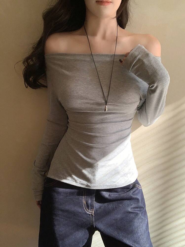 Women's Casual Solid Color Off-Shoulder Side Slit T-Shirt, Autumn Spring