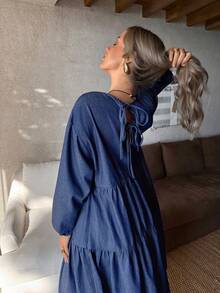 EMERY ROSE 女士圆领长袖荷叶边宽松牛仔娃娃裙 - 藍色 - 查看 2