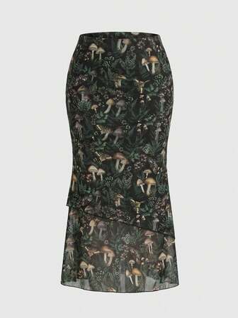 Fairycore Mushroom House Forest Floral Plant Mushroom Print Skirt, Women Elegant Vintage Bodycon Mermaid Skirt Plus Size