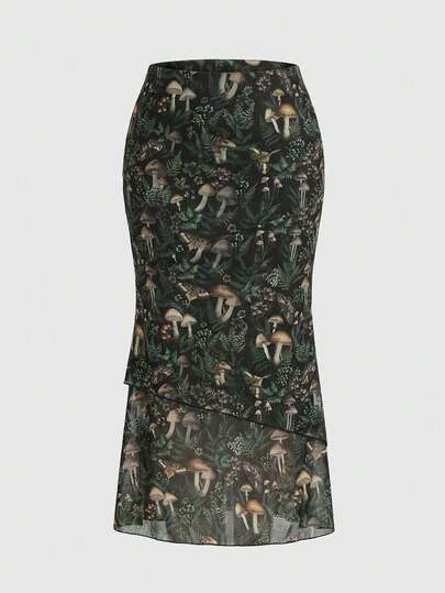 Fairycore Mushroom House Forest Floral Plant Mushroom Print Skirt, Women Elegant Vintage Bodycon Mermaid Skirt Plus Size