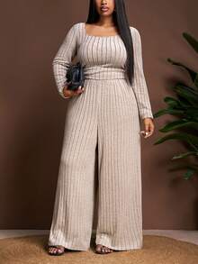 Slaydiva 2025 Autumn/Winter Fleece Ribbed Long Sleeve Jumpsuit - Apricot - View 2