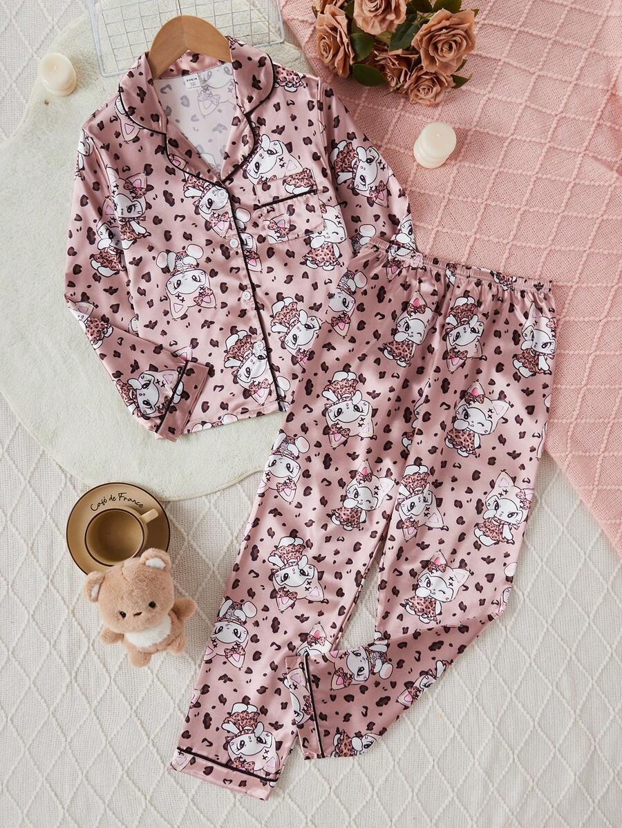 Tween Girls' Cartoon Print Faux Silk Pajama Set Cute Pj Set Girl Pajama Set - Brown - View 1