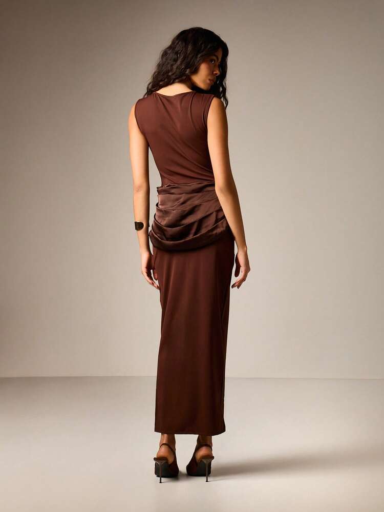 AiiRZ Brown Ruched Side Bodycon Midaxi Dress