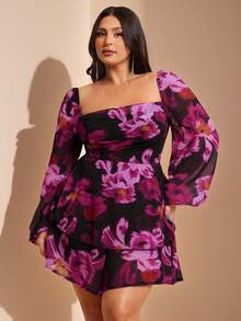 SHEIN BAE Bộ đồ liền thân rộng rãi cổ vuông in hoa tay loe cỡ lớn dành cho nữ - Màu tím - Xem 7