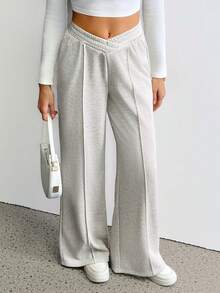 SHEIN Tall Quần dài thể thao ống rộng không đối xứng màu trắng mùa xuân Quần váy tốt nghiệp, trang phục trở lại trường, tốt nghiệp, trang phục giáo viên dành cho nữ, trở lại trường - Xám - Xem 7