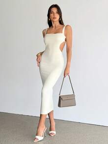 SHEIN Tall Váy hai dây hở lưng buộc dây trơn, Váy mùa hè cho nữ, Váy dự tiệc trà - trắng - Xem 5
