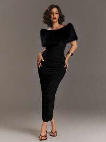 Aloruh Women's Off-Shoulder Ruffle Collar Fitted Elegant Party Dress