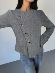 Firerie 女士优雅精致休闲日常通勤新款街头时尚都市风斜襟金属纽扣收腰长袖双面大衣，秋冬款 - 黑與白 - 查看 7