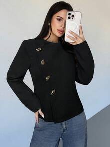 Firerie 女士优雅精致休闲日常通勤新款街头时尚都市风斜襟金属纽扣收腰长袖双面大衣，秋冬款 - 黑色 - 查看 5