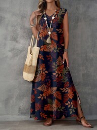 EMERY ROSE Casual Vintage Elegant Resort Versatile Cozy Navy Blue Withered Branch Print Pattern Sleeveless V-Neck Maxi Dress, Comfortable For Spring/Summer Women