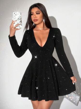 Rafferiza 女士黑色连衣裙，优雅纯色针织高弹力闪亮亮片V领派对连衣裙，适合音乐会、性感夜店等场合，也适合圣诞节、万圣节、新年等节日穿着。柔软弹力针织面料，收腰设计，时尚百搭，秋季必备单品，新款秋冬长袖连衣裙。