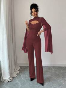 SHEIN Elenzya جمبسوت نسائية ذات ياقة عالية وظهر مكشوف مزينة بالبريق للحفلات - أحمر بنفسجي - مشاهدة 5