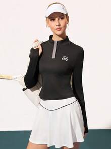 CourtClass Long Sleeve Casual Versatile Button Front Graphic Print Golf Polo Shirt Black Tennis Top Long Sleeve Tennis Shirt - Multicolor - View 7