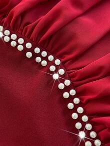 Viva Relle Elegantes, romantisches, delikates, luxuriöses Chiffonkleid in Große Größen mit Stehkragen, Schleife, Puffärmeln, taillierter Taille und Diamantenverzierung in A-Linie, geeignet für Partys, Neujahr, Feiertage, Hochzeitsgäste - Bordeaux - Übersicht 6